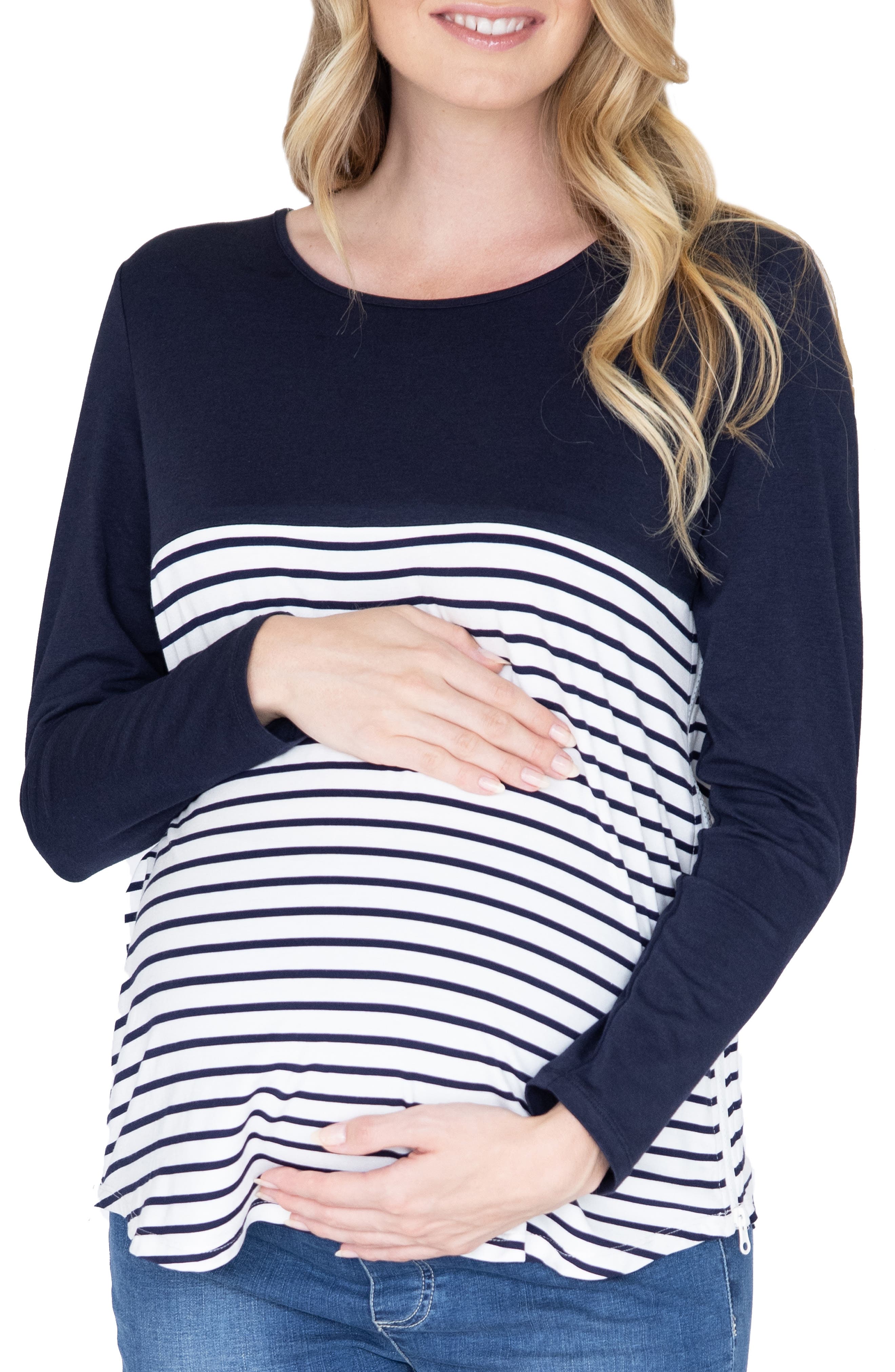 White Stripped Khaki Beige Long Sleeve Maternity Pregnancy Blouse 